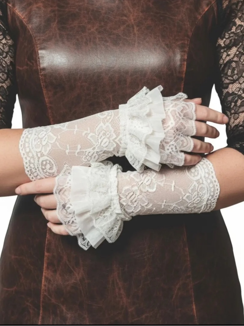 White Floral Lace Wrist Cuffs Cottagecore Arm Covers Fingerless Gloves